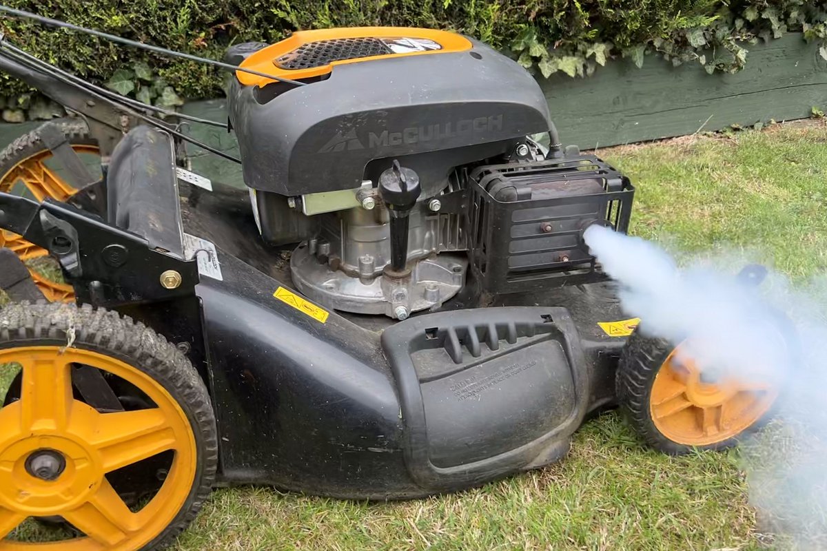 lawn mower blowing white smoke out of exhaust when starting up